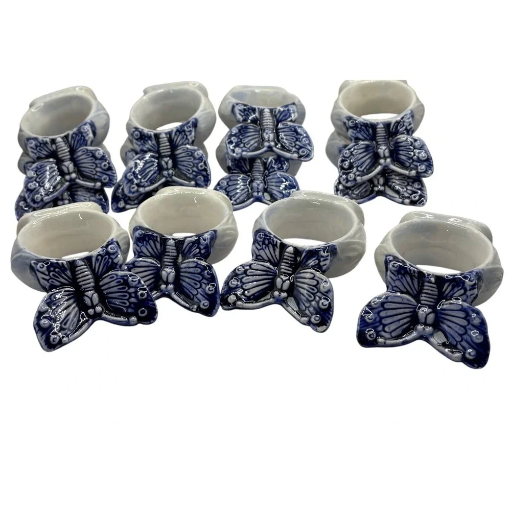 Vintage Handcrafted Butterfly Napkin Rings Set of 8 Blue White‎ Ceramic Decor